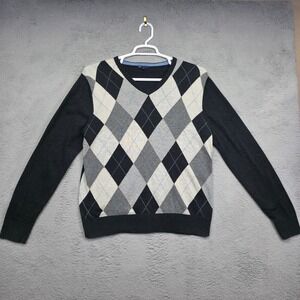 Gap Sweater Mens M Black White V Neck Argyle Diamond Knit Grandpa Golf‎ Preppy